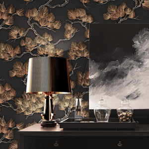 Wall Fabric Pine Tree Black & Gold Wallpaper by design id WF121015