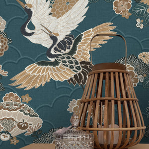 Akari-Kyoto-Cranes-Wallpaper-Teal-by-The-Design-Library-282770