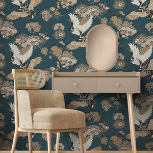 Akari-Kyoto-Cranes-Wallpaper-Teal-by-The-Design-Library-282770