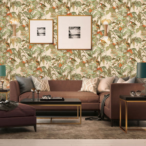 Embellish-Wallstitch-Birds-of-Paradise-Green-Orange-Gold-Wallpaper-by-design-id-DE120013