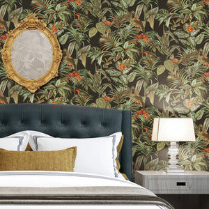 Embellish-Wallstitch-Birds-of-Paradise-Black-Green-Orange-Wallpaper-by-design-id-DE120015