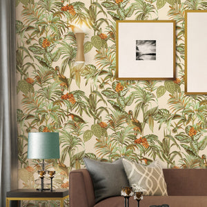 Embellish-Wallstitch-Birds-of-Paradise-Green-Orange-Gold-Wallpaper-by-design-id-DE120013